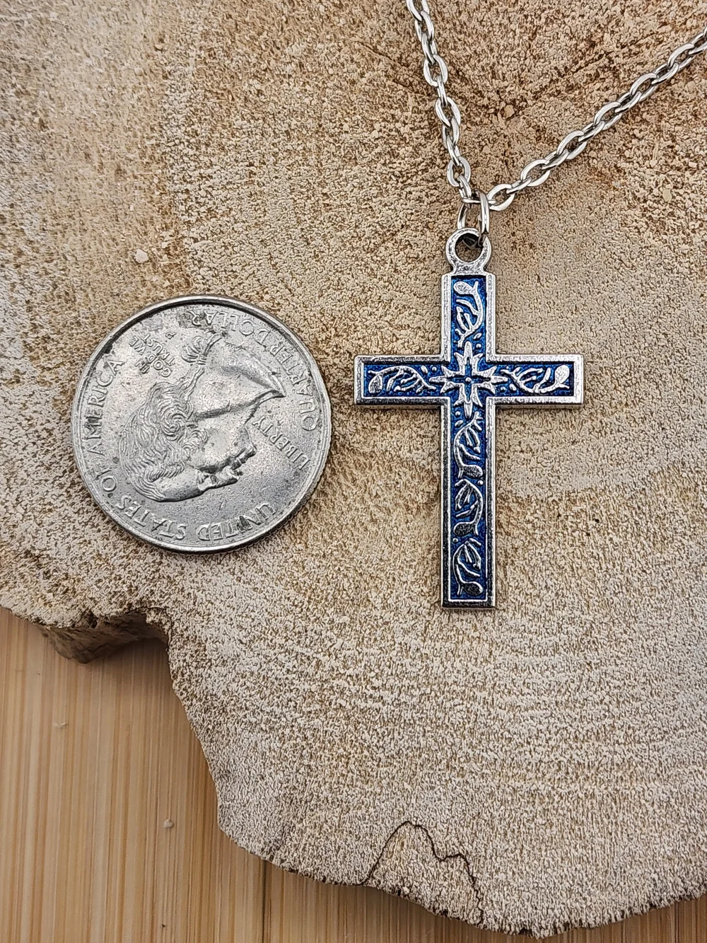 20in Silver Tone  Cross Pendant Necklace with Blue Enamel Inlay - 0544